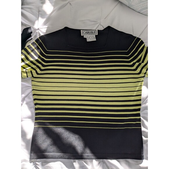 Carlisle Silk Blend Sweater Vtg Womens Sz M Vintage 80’s Lime Green Black Stripe - Picture 9 of 11